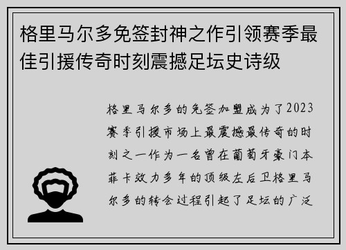 格里马尔多免签封神之作引领赛季最佳引援传奇时刻震撼足坛史诗级