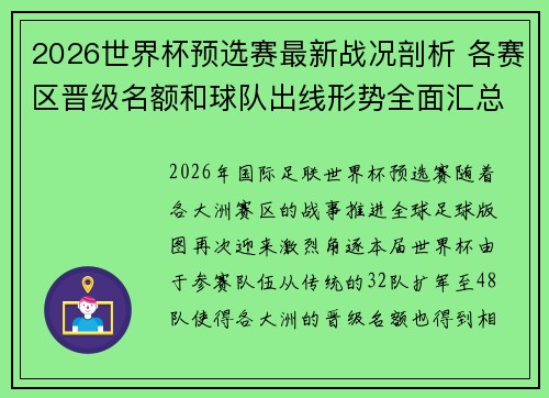 2026世界杯预选赛最新战况剖析 各赛区晋级名额和球队出线形势全面汇总 2026世界杯预选赛最新战况剖析 各赛区晋级名额和球队出线形势全面汇总